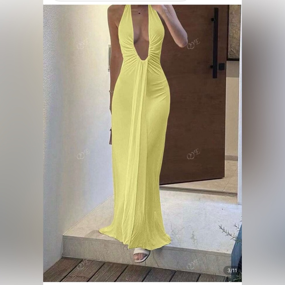 Deep V Neck Lady Ruched Maxi Dress Yellow Size L